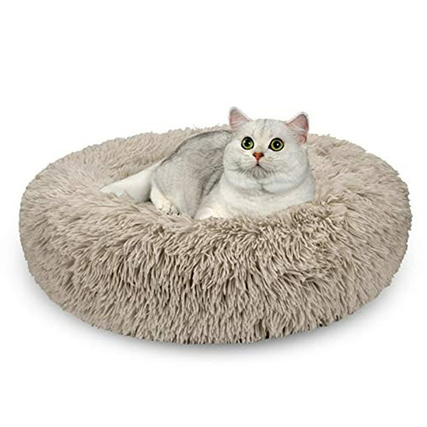Calming Dog Bed Cat Bed Washable Donut Cuddler Fluffy Faux Fur Cushion Pet Bed Soft Warm Indoor Cat Bed Round Plush Marshmallow Bed for Small Pets Pink, 20x18 
